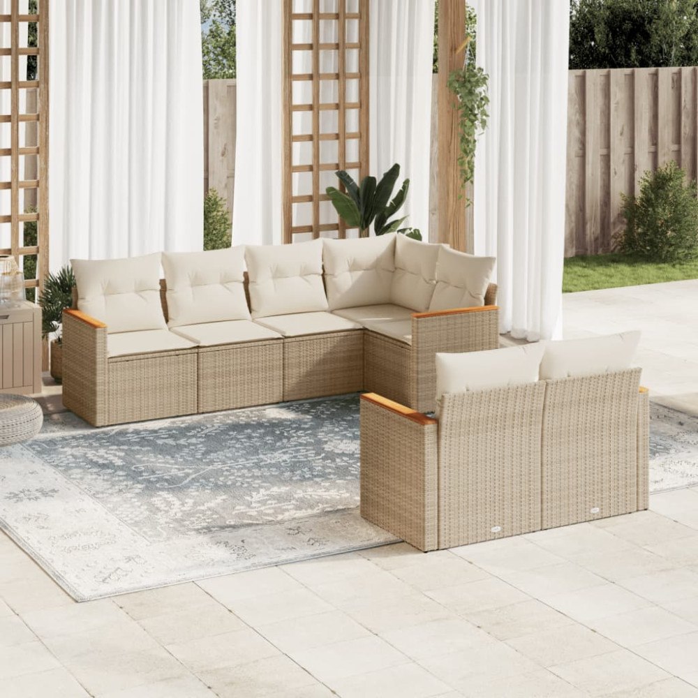 vidaXL Matgrupp för trädgården med dynor 7 delar beige konstrotting