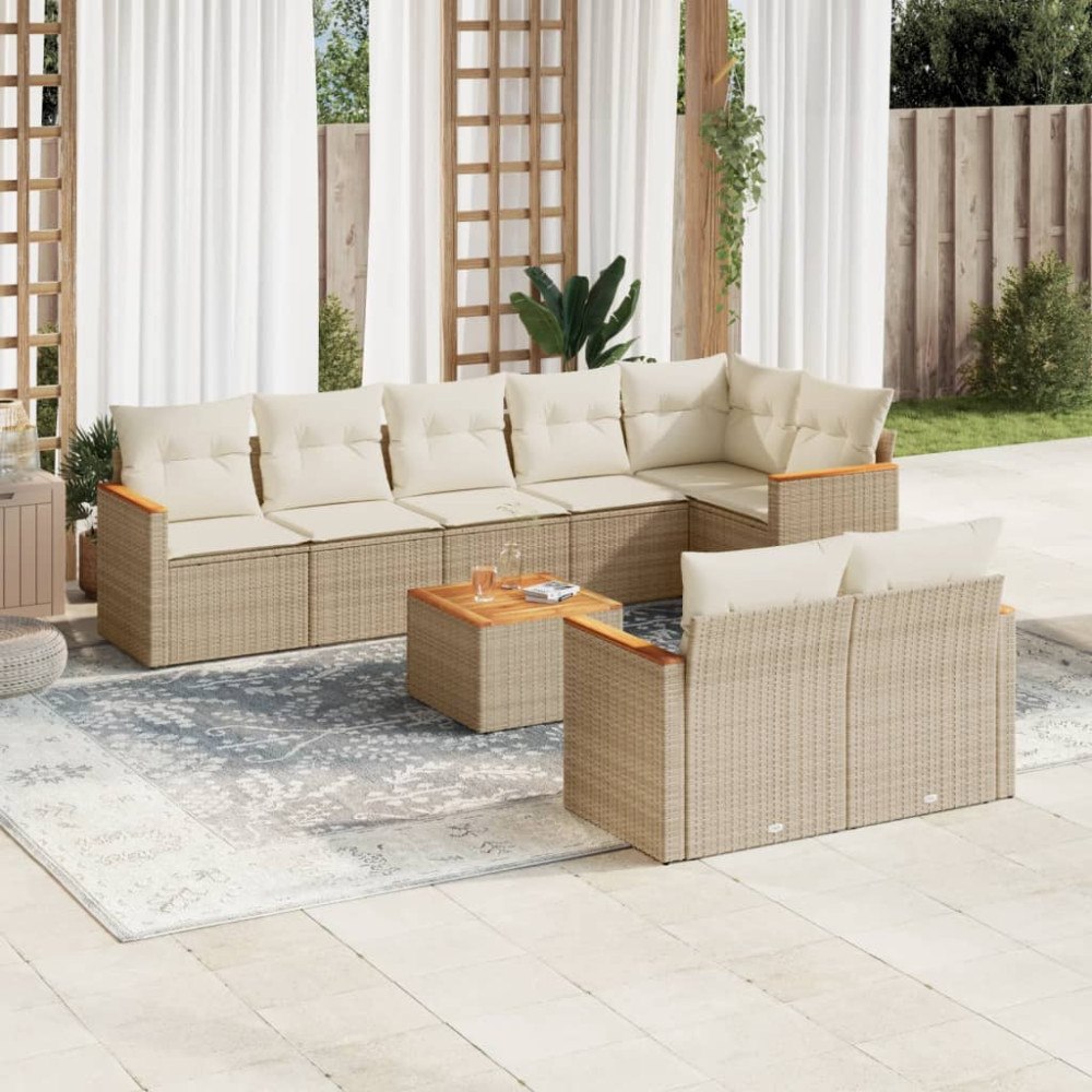 vidaXL Soffgrupp för trädgården med dynor 9 delar beige konstrotting