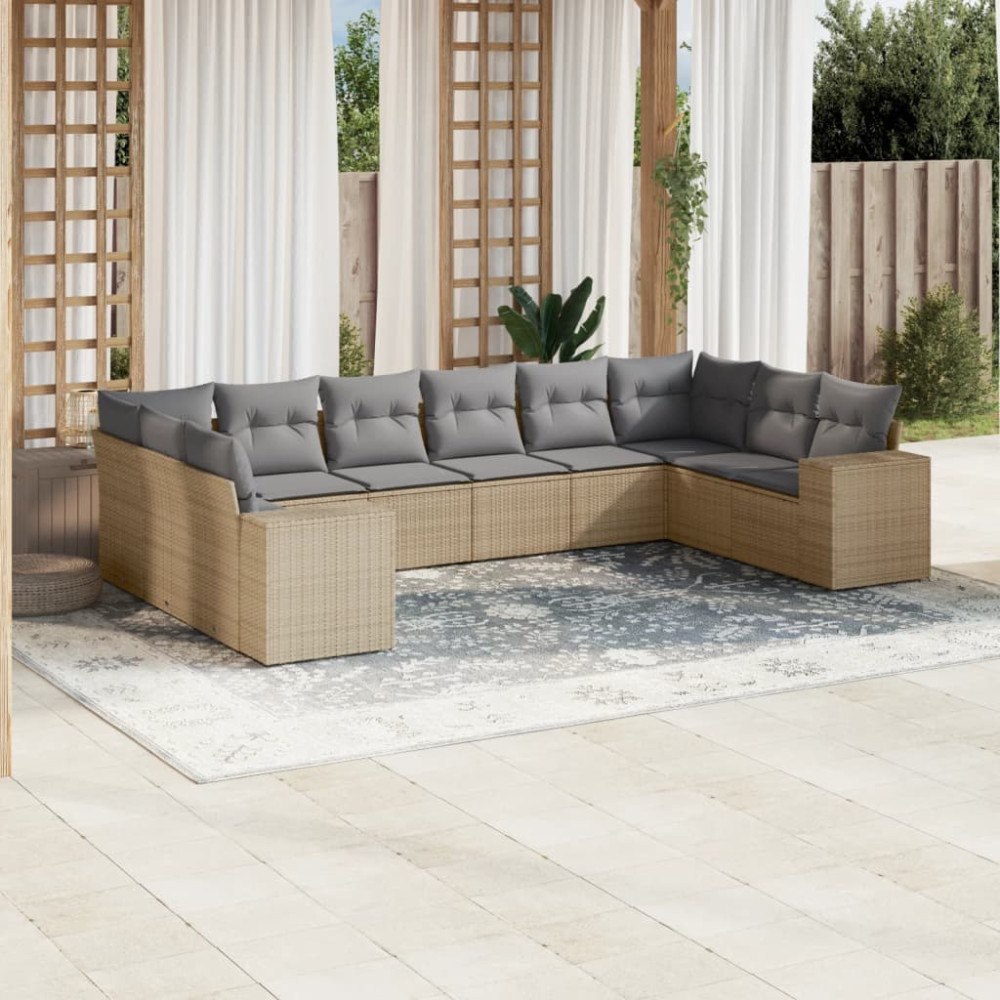 vidaXL Soffgrupp för trädgård med dynor 10 delar beige konstrotting