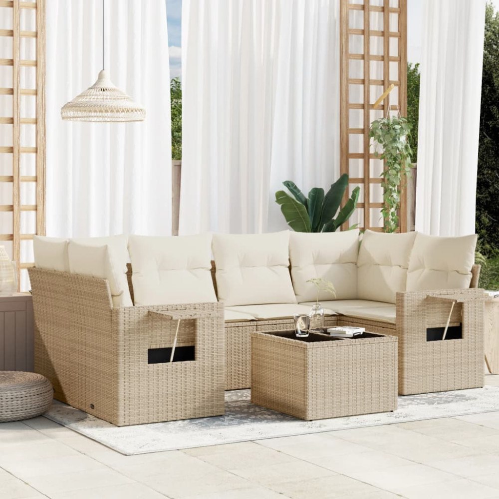 vidaXL Matgrupp för trädgården med dynor 7 delar beige konstrotting