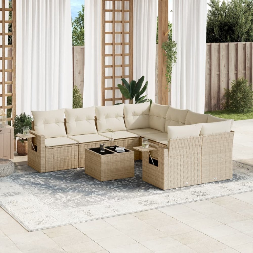 vidaXL Soffgrupp för trädgården med dynor 9 delar beige konstrotting