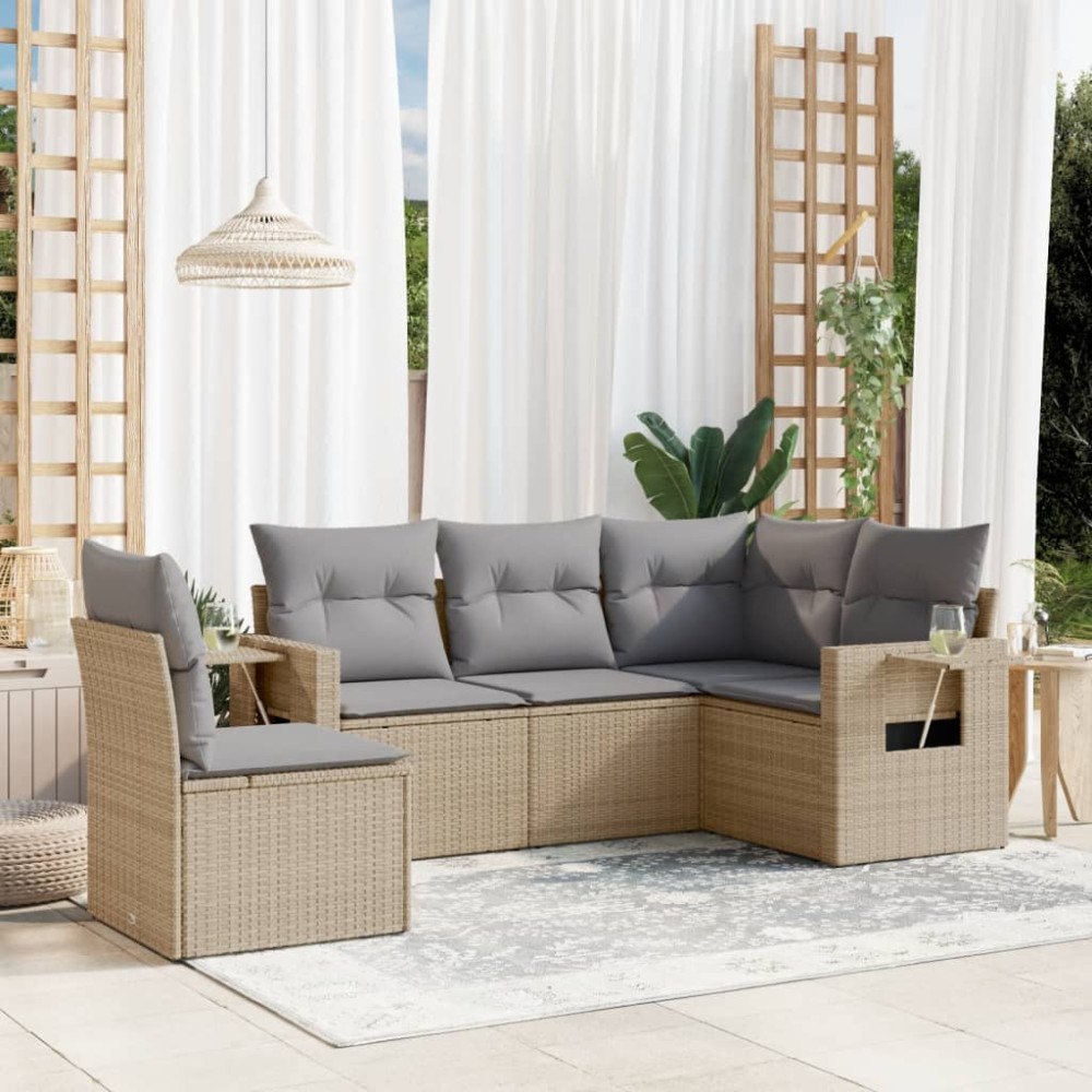 vidaXL Soffgrupp för trädgården med dynor 5 delar beige konstrotting