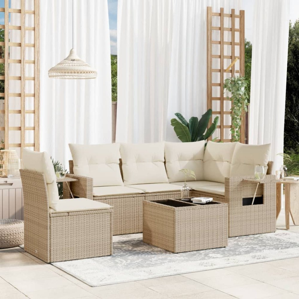 vidaXL Soffgrupp för trädgården med dynor 6 delar beige konstrotting
