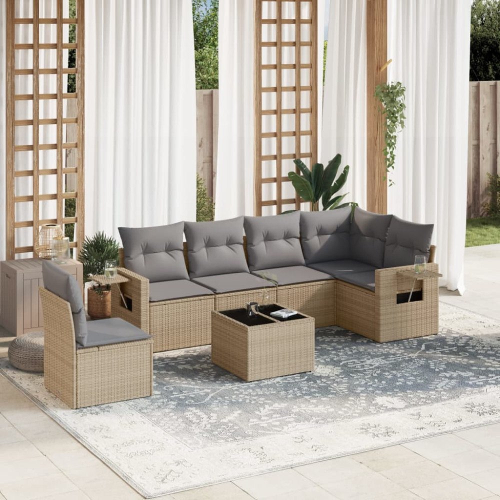 vidaXL Matgrupp för trädgården med dynor 7 delar beige konstrotting