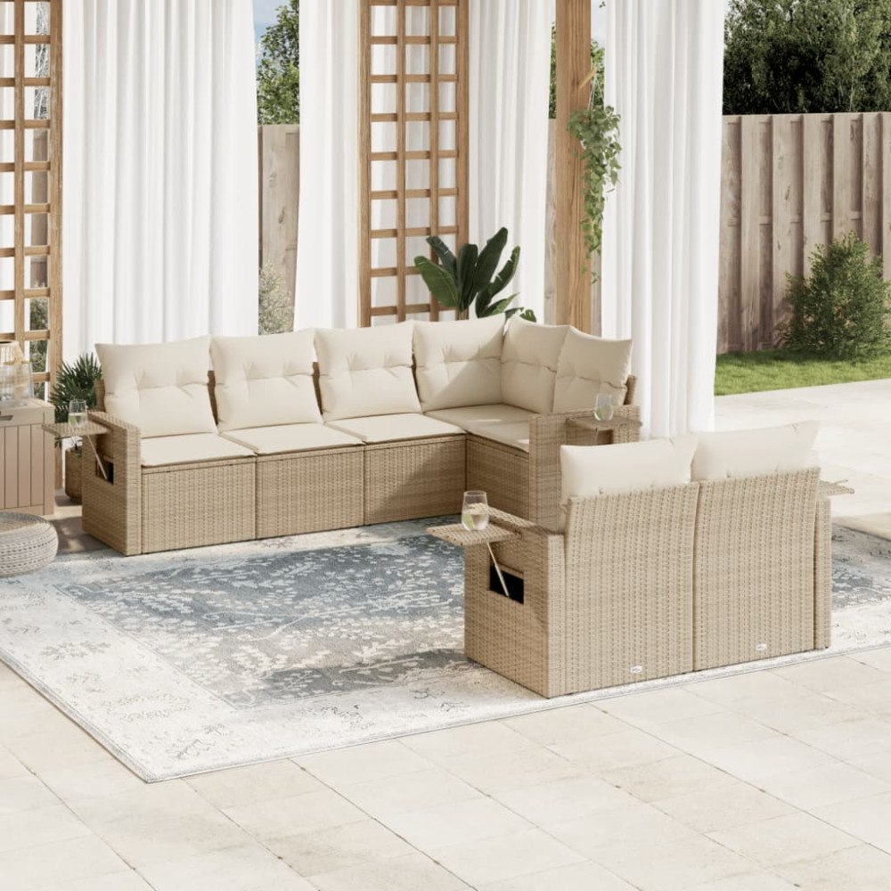 vidaXL Matgrupp för trädgården med dynor 7 delar beige konstrotting