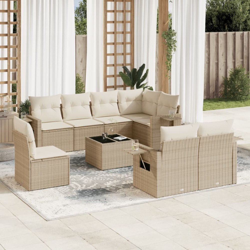 vidaXL Soffgrupp för trädgården med dynor 9 delar beige konstrotting