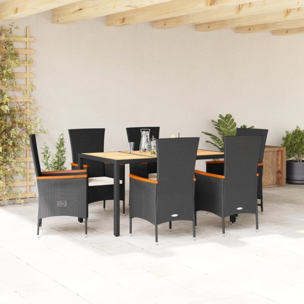 vidaXL Matgrupp för trädgården med dynor 7 delar svart konstrotting