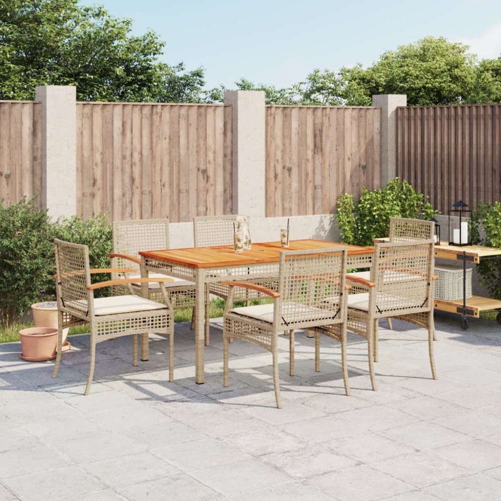 vidaXL Matgrupp för trädgården med dynor 7 delar beige konstrotting