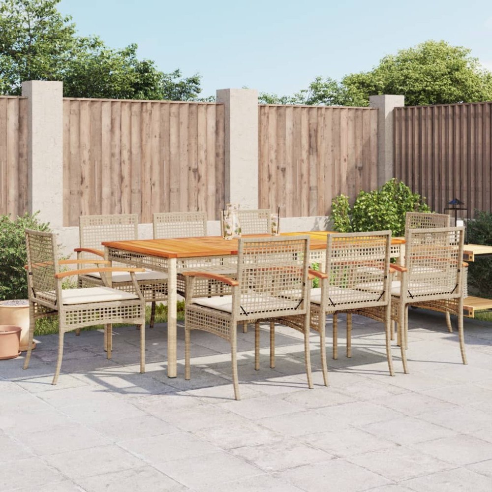 vidaXL Matgrupp för trädgården med dynor 9 delar beige konstrotting
