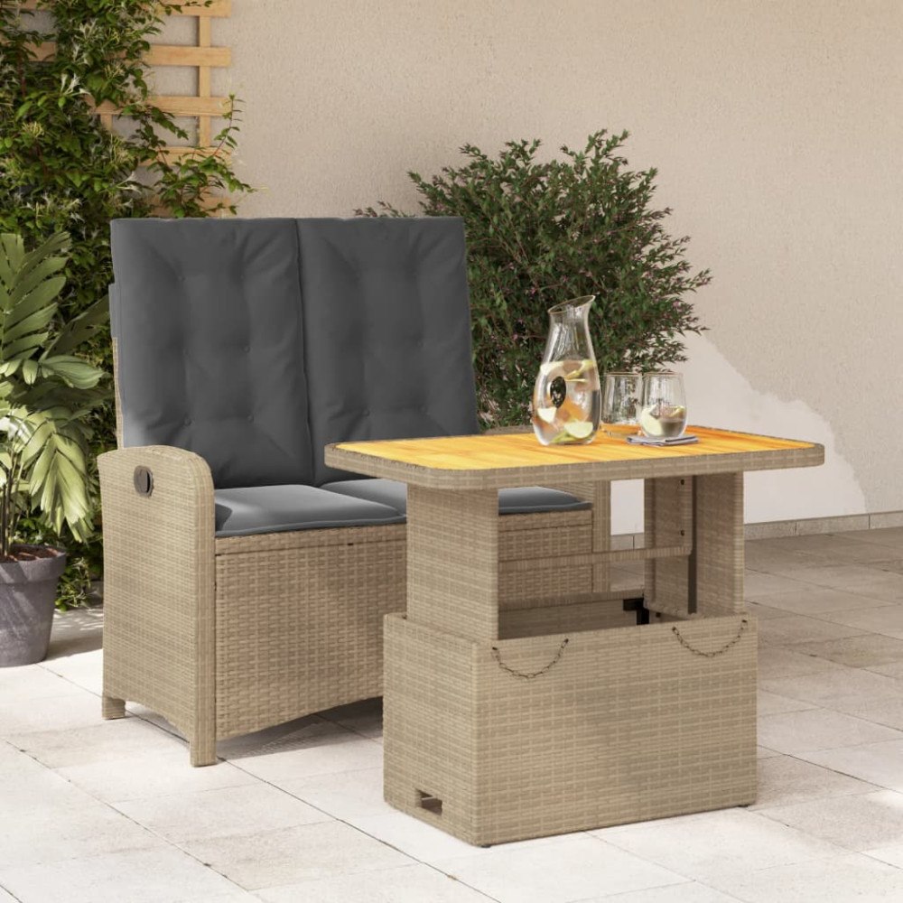 vidaXL Matgrupp för trädgården med dynor 2 delar beige konstrotting