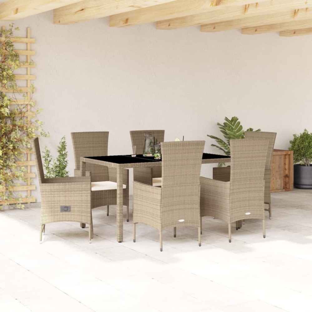 vidaXL Matgrupp för trädgården med dynor 7 delar beige konstrotting