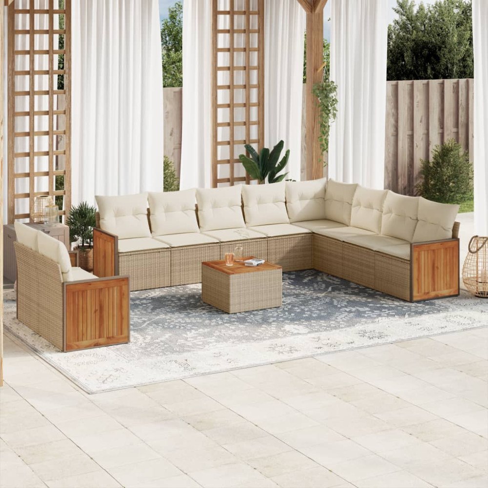 vidaXL Loungegrupp för trädgården m. dynor 11 delar beige konstrotting