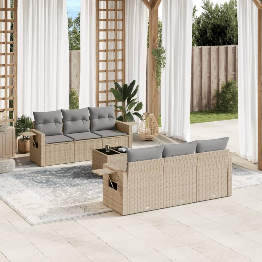 vidaXL Matgrupp för trädgården med dynor 7 delar beige konstrotting