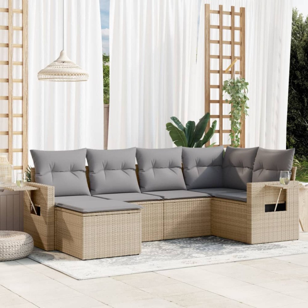 vidaXL Soffgrupp för trädgården med dynor 6 delar beige konstrotting