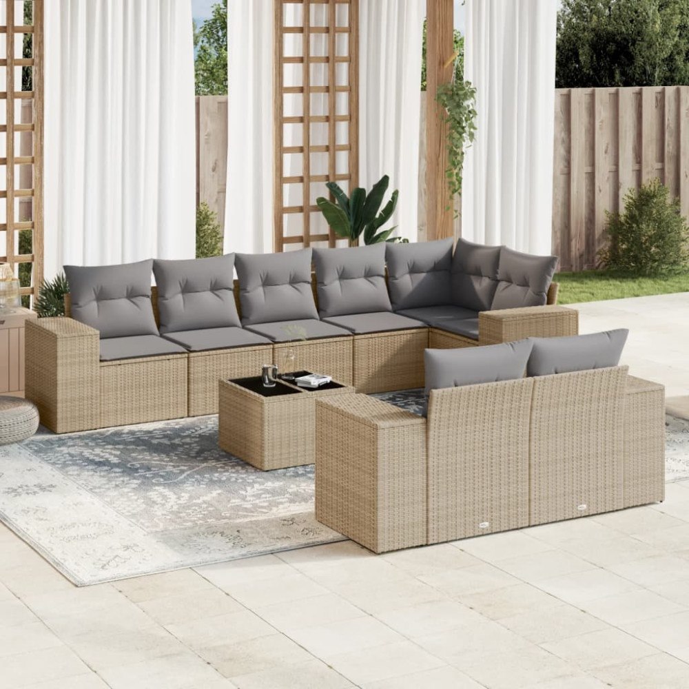 vidaXL Soffgrupp för trädgården med dynor 9 delar beige konstrotting