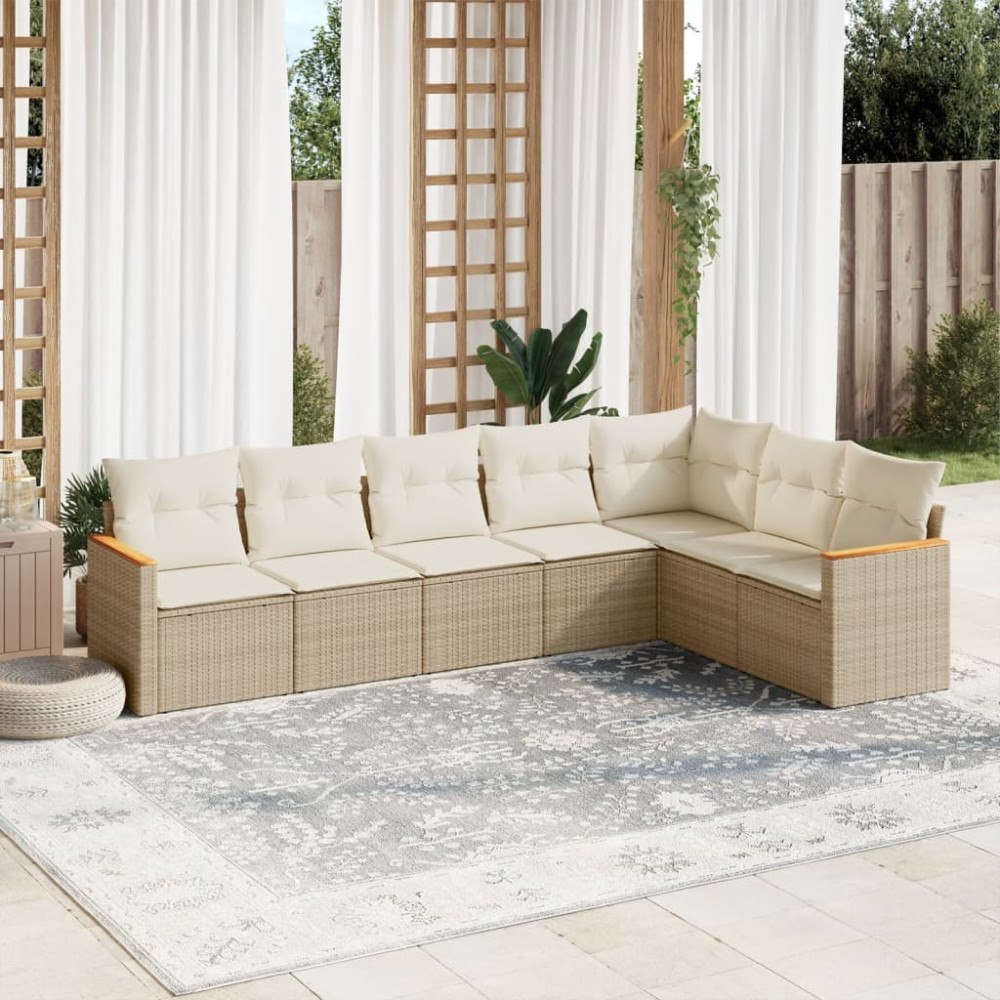 vidaXL Matgrupp för trädgården med dynor 7 delar beige konstrotting