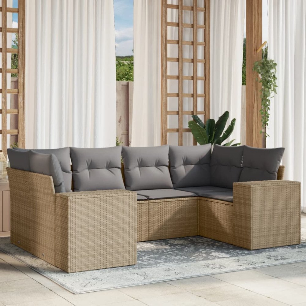 vidaXL Soffgrupp för trädgården med dynor 6 delar beige konstrotting