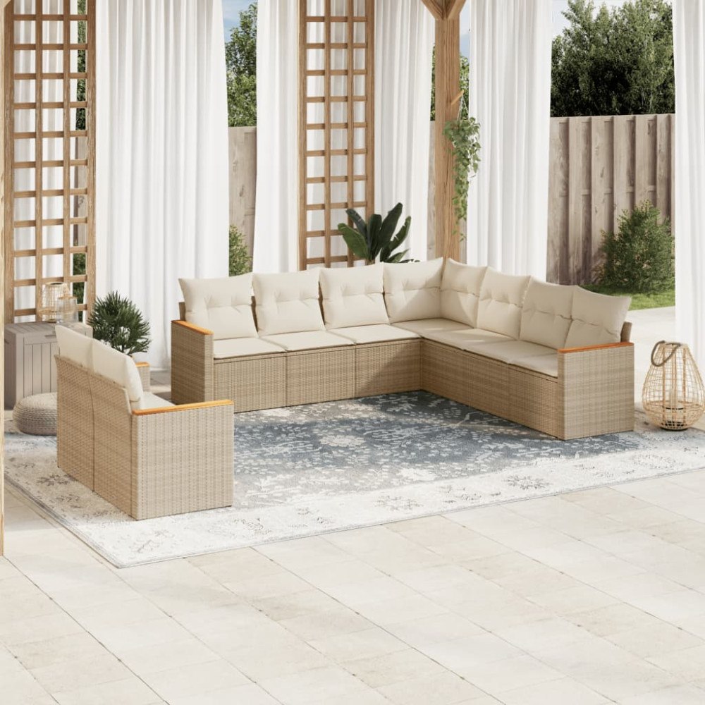 vidaXL Soffgrupp för trädgården med dynor 9 delar beige konstrotting