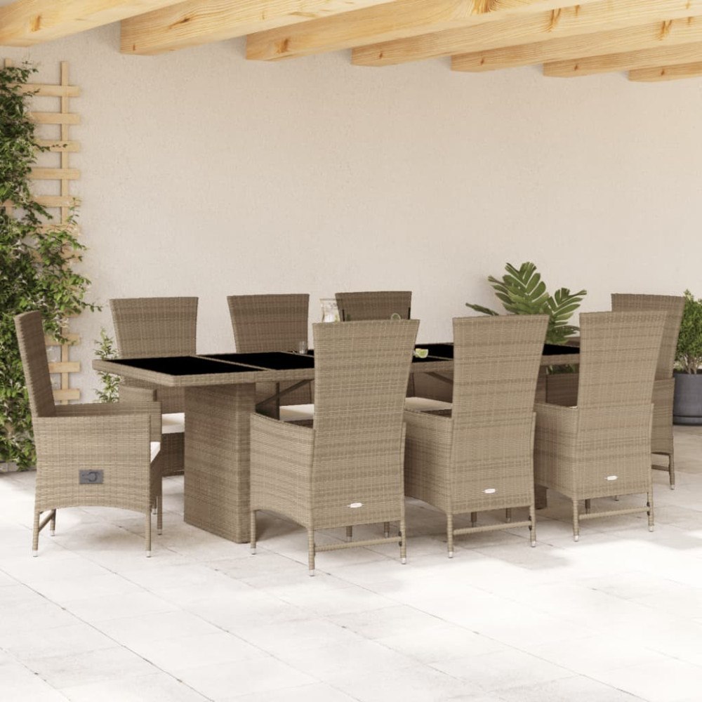 vidaXL Matgrupp för trädgården med dynor 9 delar beige konstrotting