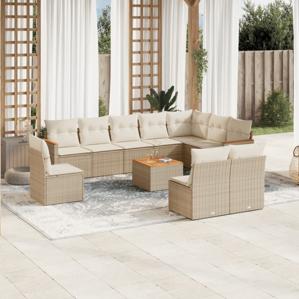 vidaXL Loungegrupp för trädgården m. dynor 11 delar beige konstrotting