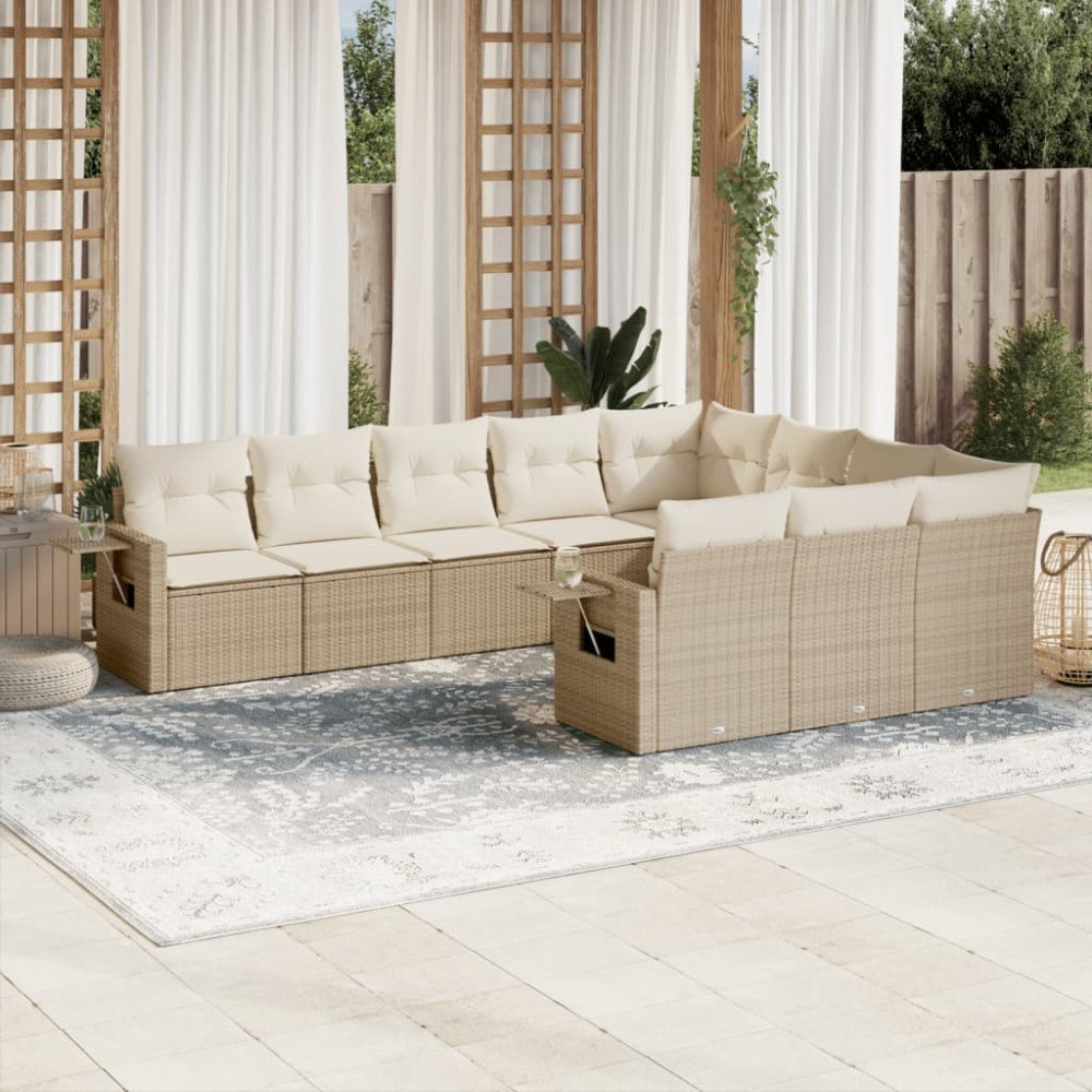 vidaXL Soffgrupp för trädgård med dynor 10 delar beige konstrotting