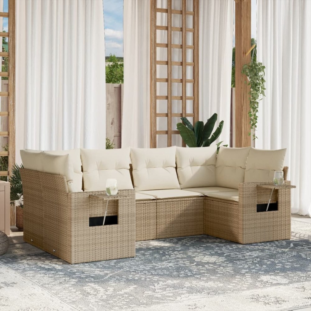 vidaXL Soffgrupp för trädgården med dynor 6 delar beige konstrotting