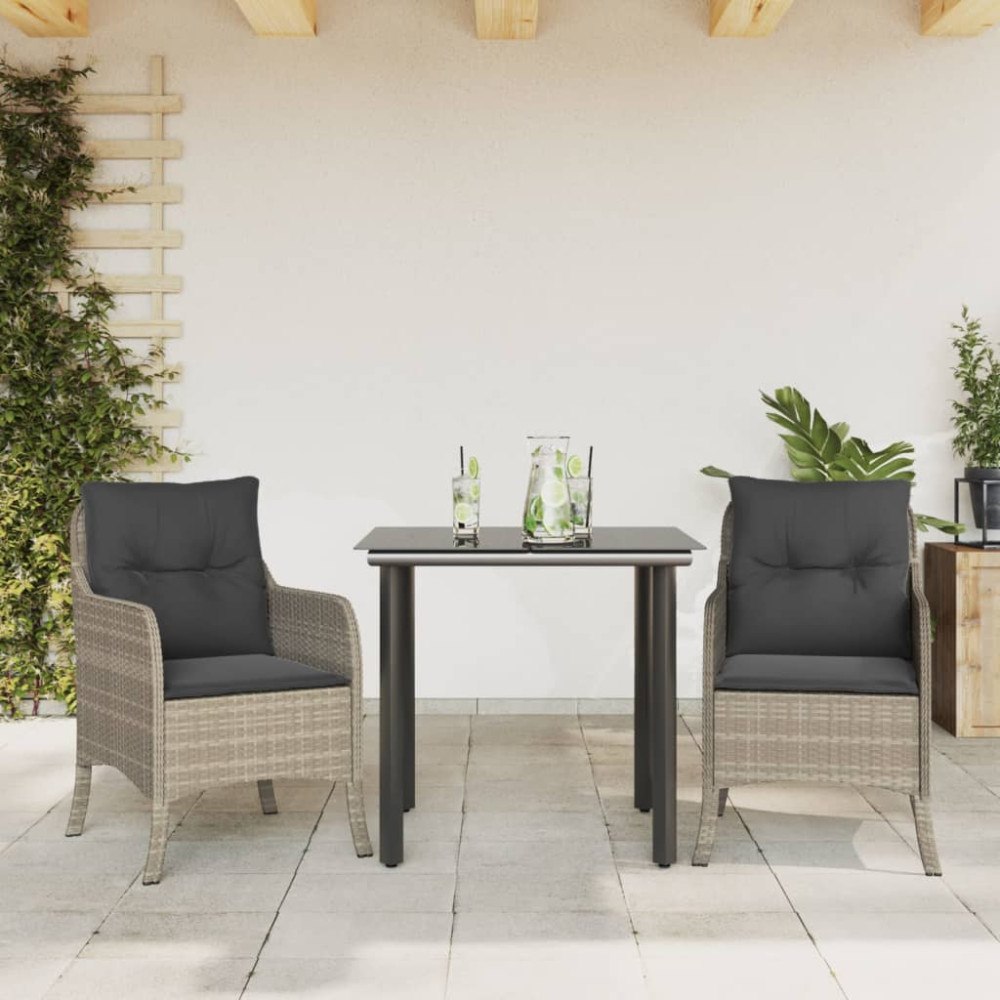 vidaXL Matgrupp för trädgården med dynor 3 delar ljusgrå konstrottning