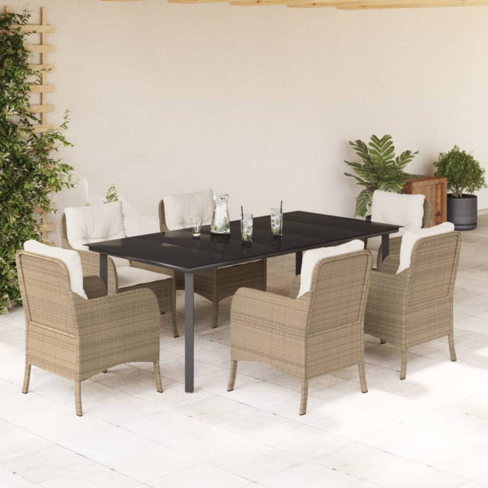 vidaXL Matgrupp för trädgården med dynor 7 delar beige konstrotting