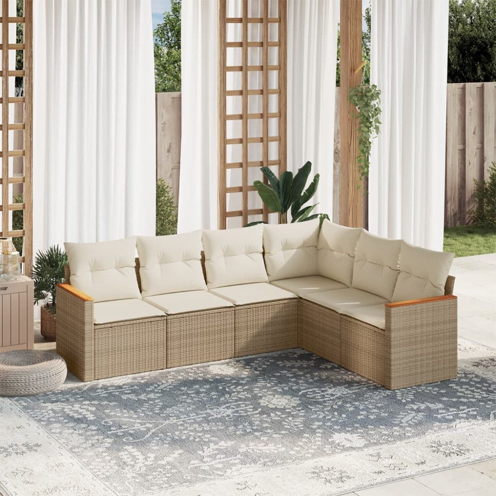 vidaXL Soffgrupp för trädgården med dynor 6 delar beige konstrotting