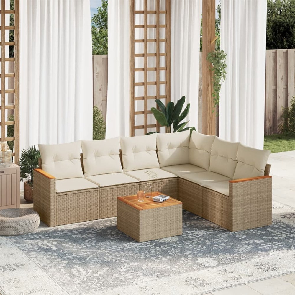 vidaXL Matgrupp för trädgården med dynor 7 delar beige konstrotting