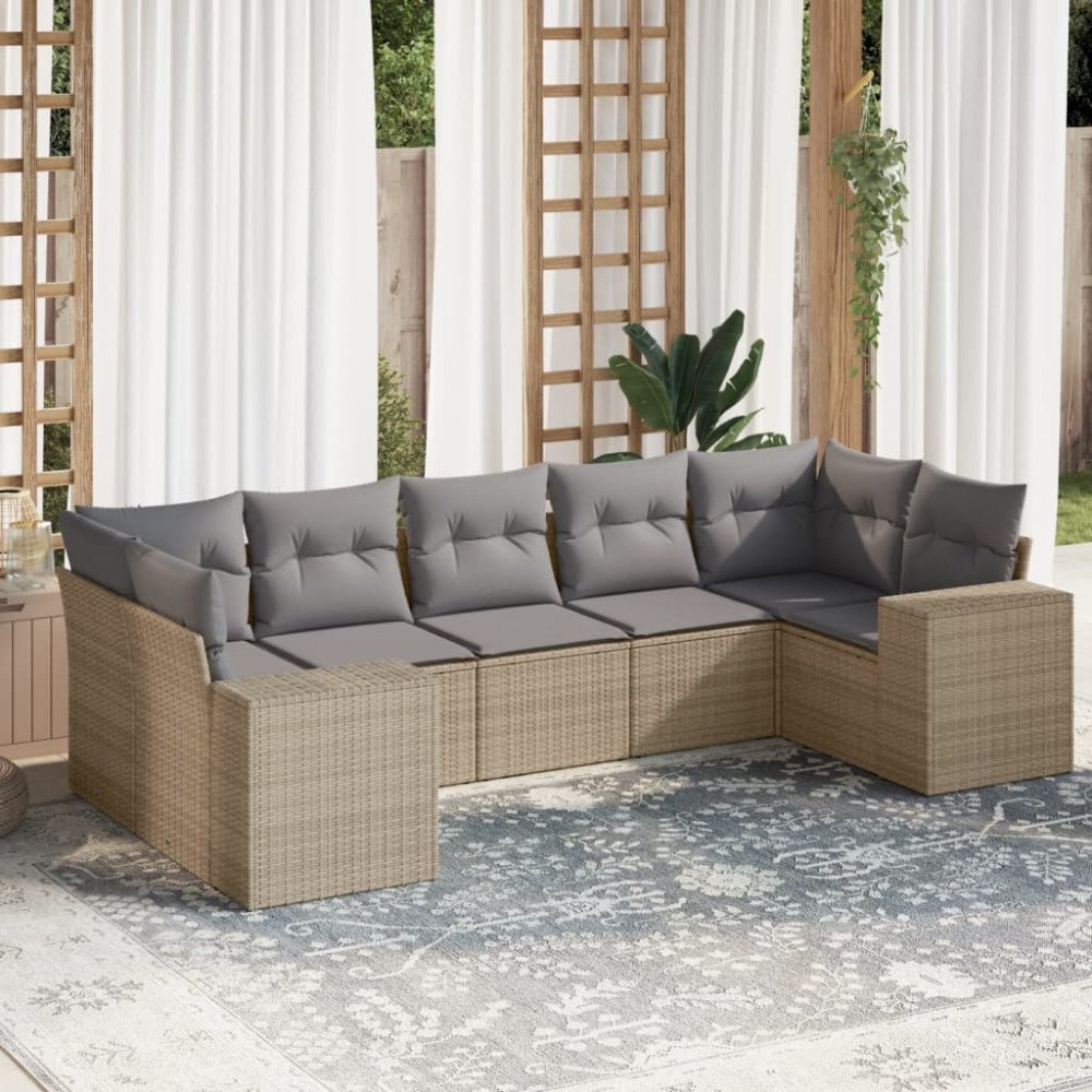 vidaXL Matgrupp för trädgården med dynor 7 delar beige konstrotting