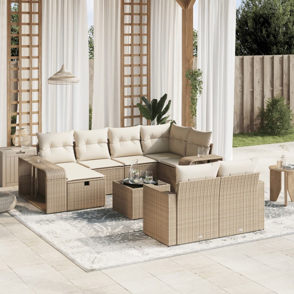 vidaXL Loungegrupp för trädgården m. dynor 11 delar beige konstrotting