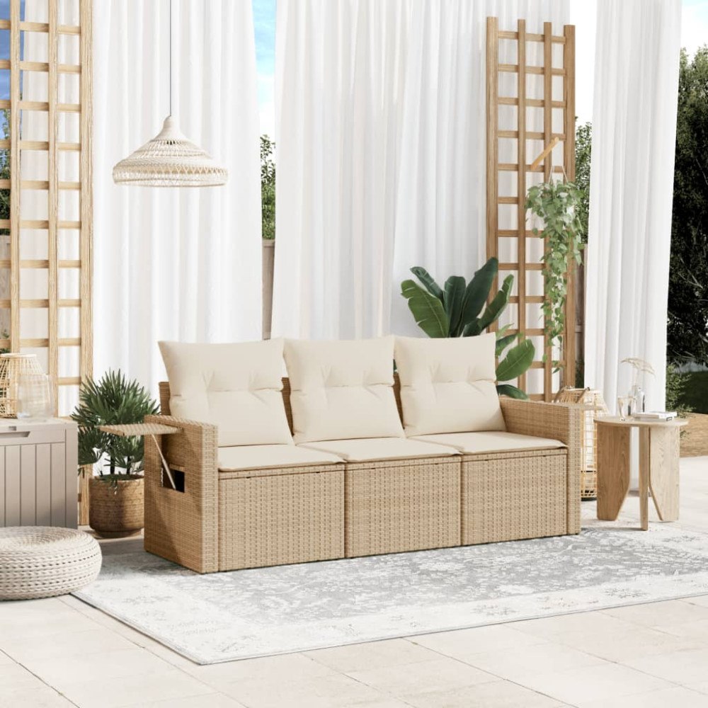 vidaXL Soffgrupp för trädgården 3 delar med dynor beige konstrotting
