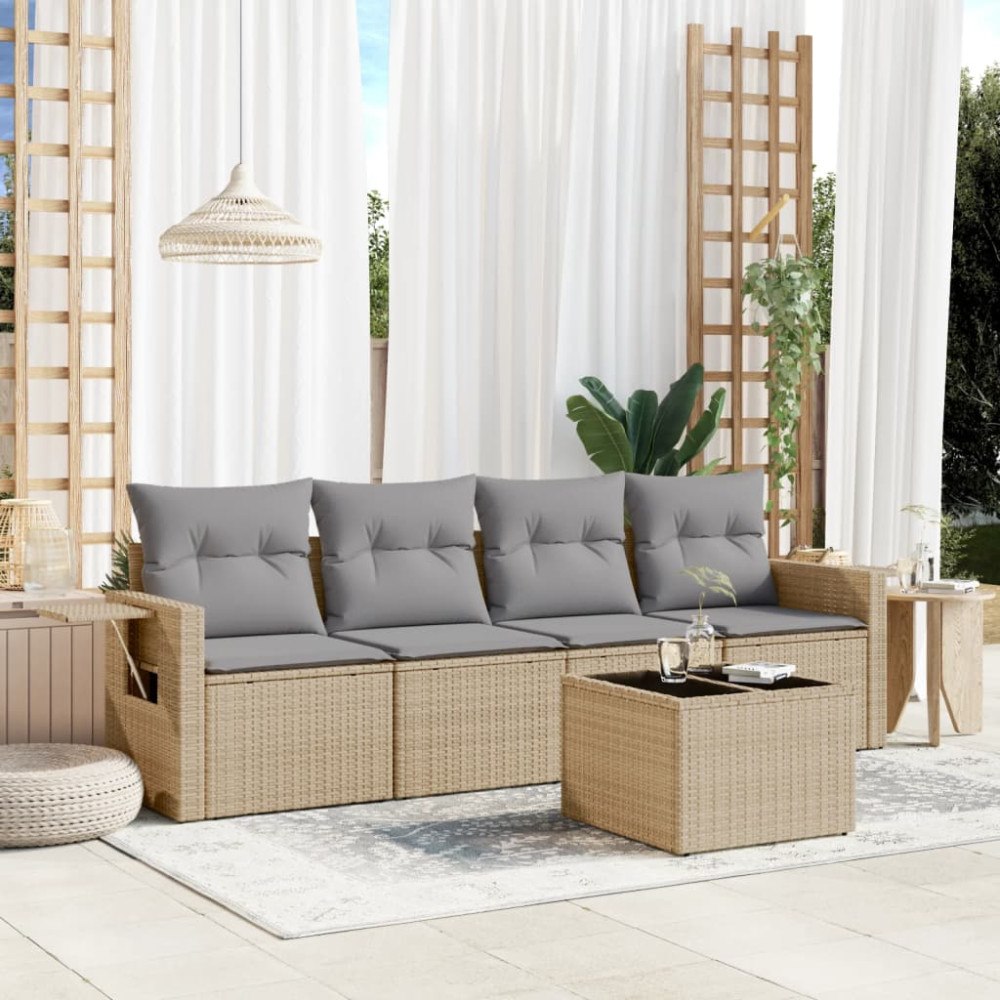 vidaXL Soffgrupp för trädgården med dynor 5 delar beige konstrotting