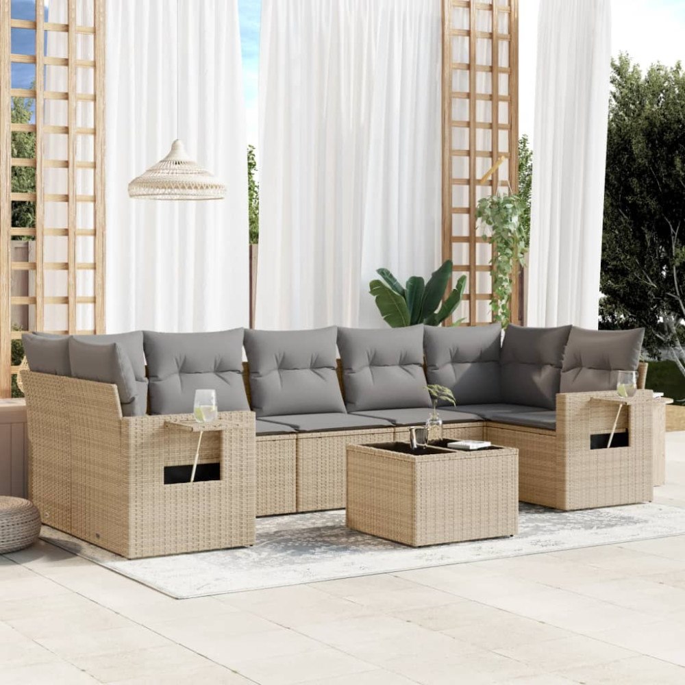 vidaXL Matgrupp för trädgården med dynor 8 delar beige konstrotting