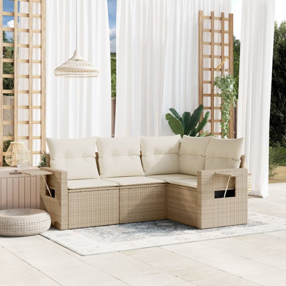 vidaXL Soffgrupp för trädgård med dynor 4 delar beige konstrotting