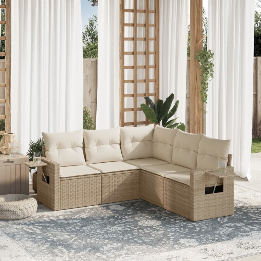vidaXL Soffgrupp för trädgården med dynor 5 delar beige konstrotting