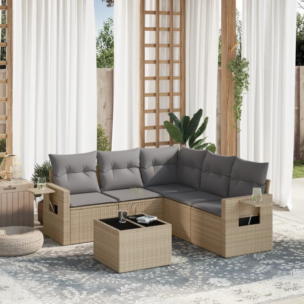 vidaXL Soffgrupp för trädgården med dynor 6 delar beige konstrotting