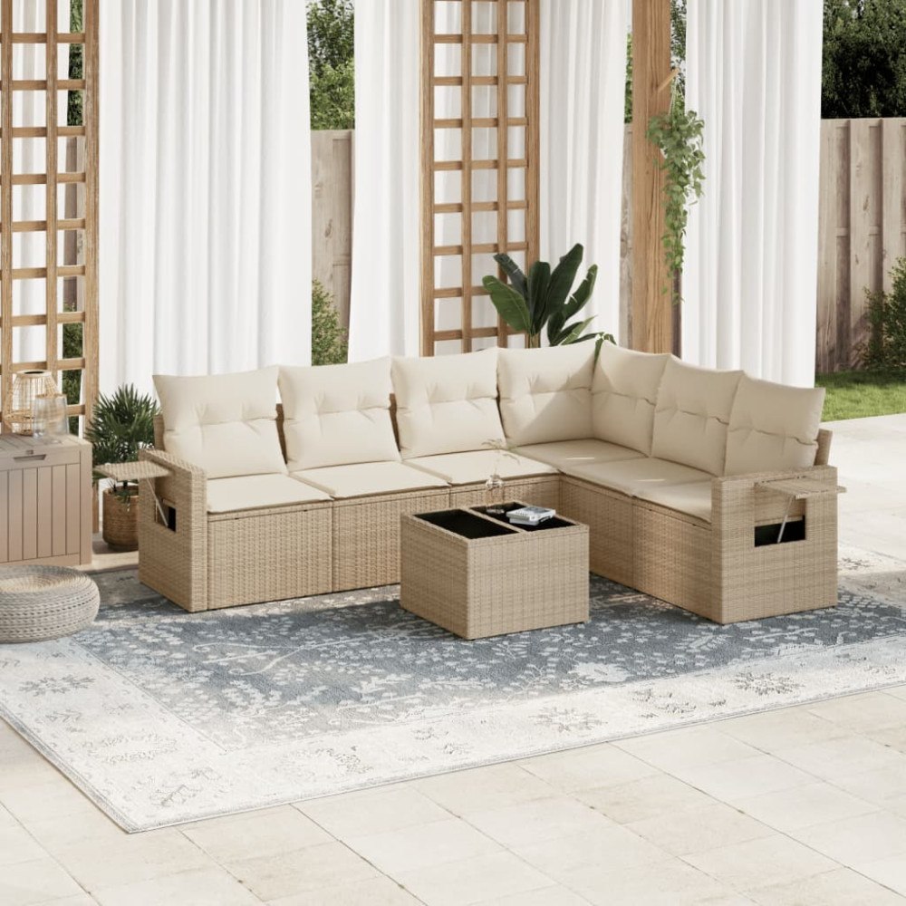 vidaXL Matgrupp för trädgården med dynor 7 delar beige konstrotting