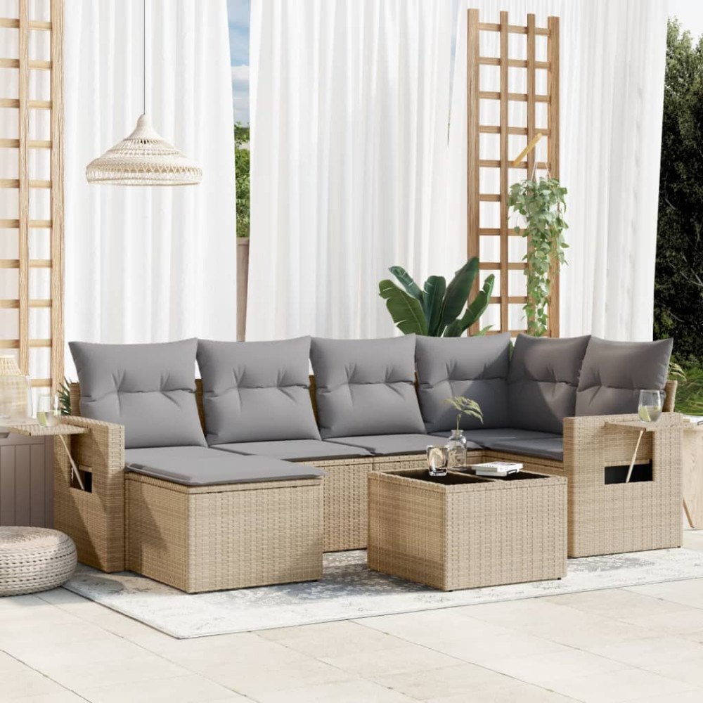 vidaXL Matgrupp för trädgården med dynor 7 delar beige konstrotting