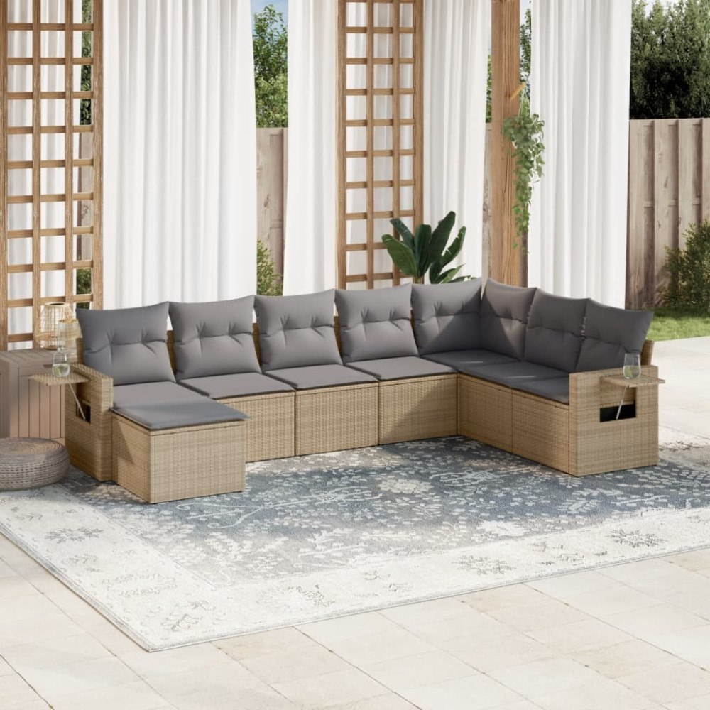 vidaXL Matgrupp för trädgården med dynor 8 delar beige konstrotting