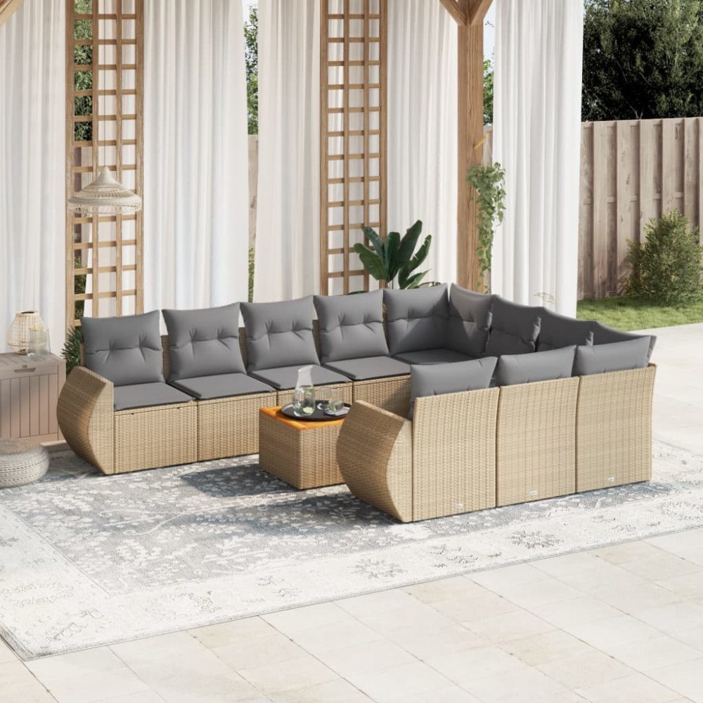 vidaXL Loungegrupp för trädgården m. dynor 11 delar beige konstrotting