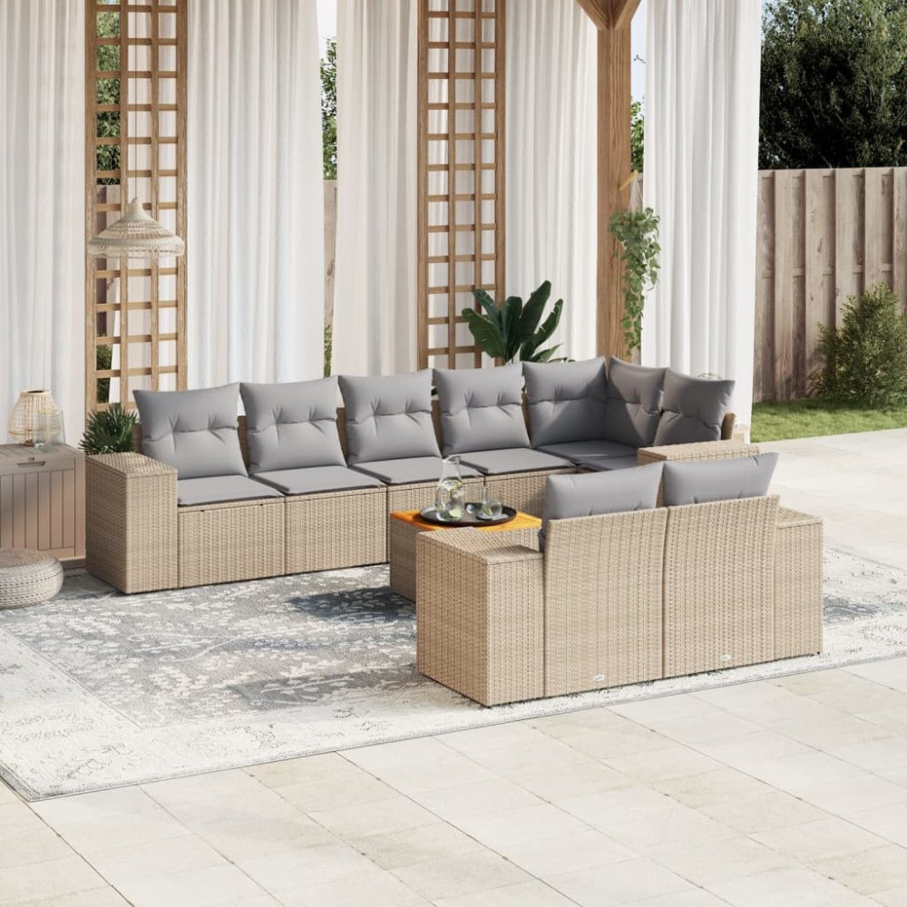 vidaXL Soffgrupp för trädgården med dynor 9 delar beige konstrotting