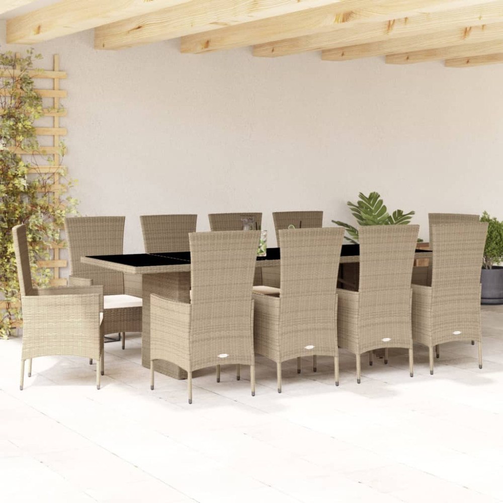 vidaXL Matgrupp för trädgården med dynor 7 delar beige konstrotting