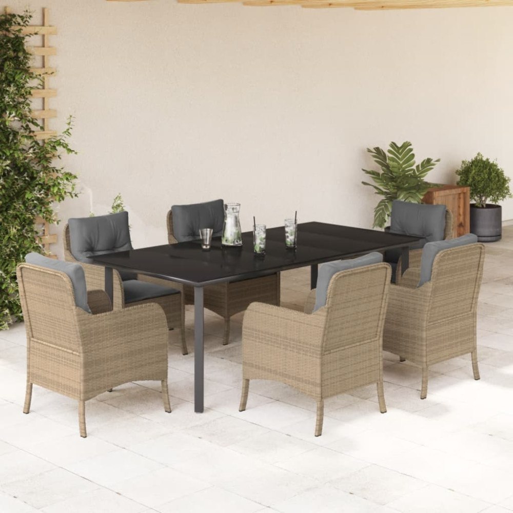 vidaXL Matgrupp för trädgården med dynor 7 delar beige konstrotting