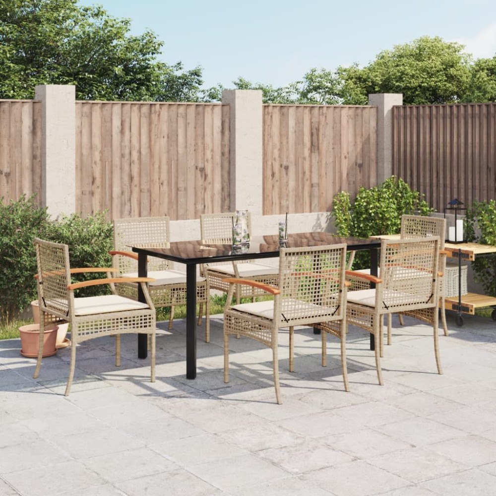 vidaXL Matgrupp för trädgården med dynor 7 delar beige konstrotting