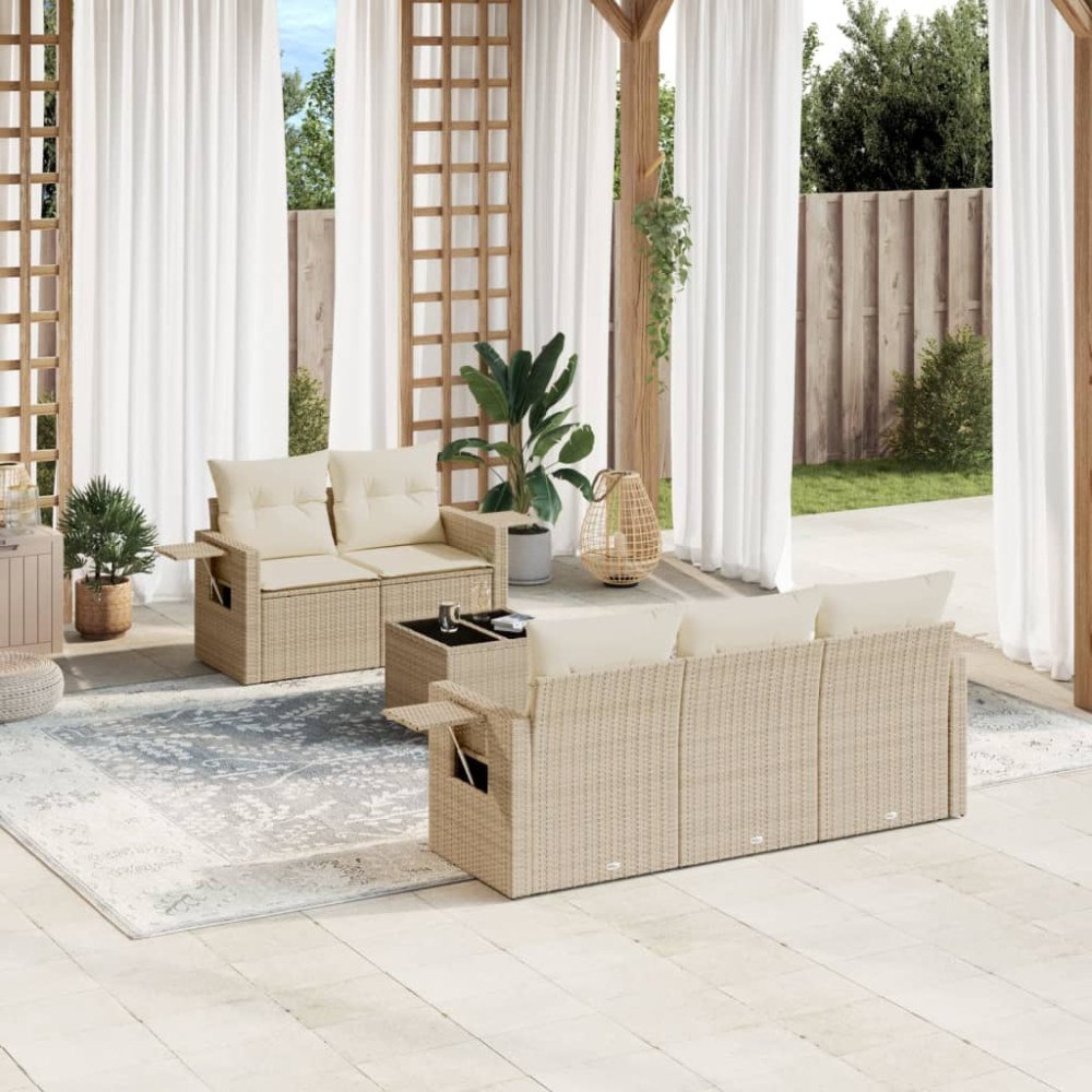 vidaXL Soffgrupp för trädgården med dynor 6 delar beige konstrotting
