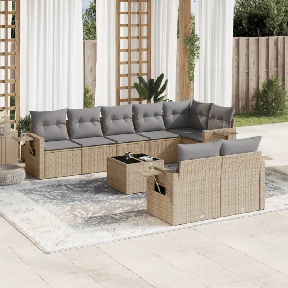 vidaXL Soffgrupp för trädgården med dynor 9 delar beige konstrotting