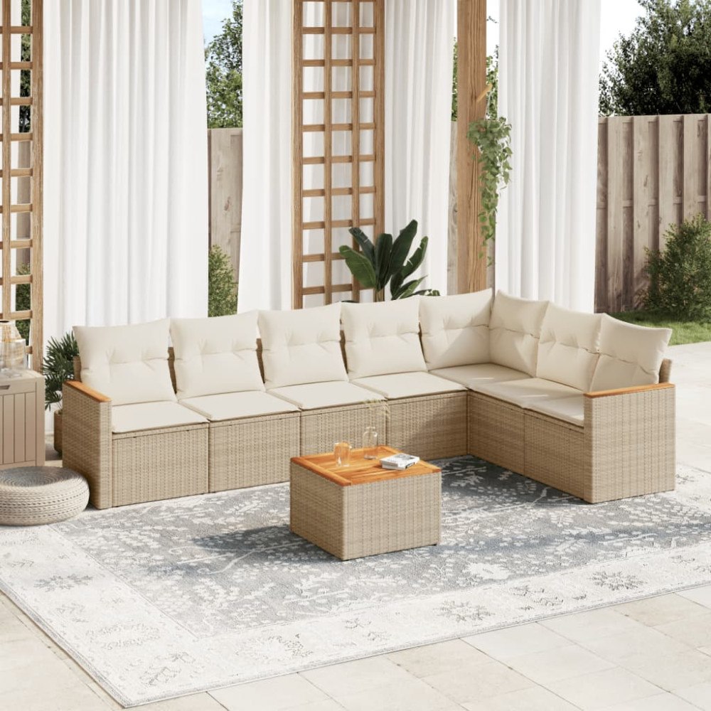 vidaXL Matgrupp för trädgården med dynor 8 delar beige konstrotting