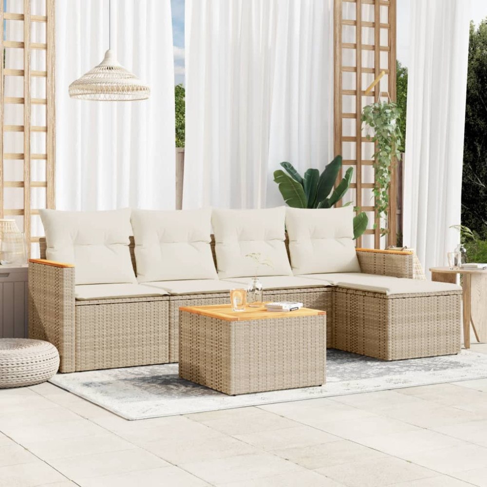 vidaXL Soffgrupp för trädgården med dynor 6 delar beige konstrotting